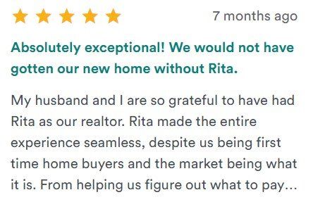 Five-star review praising Rita as a realtor, with text saying she made home buying seamless