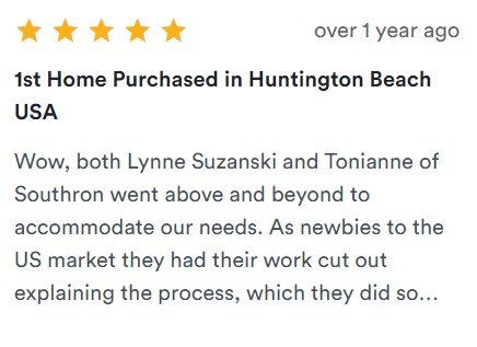 5-star customer review screenshot for a first home purchase in Huntington Beach, USA