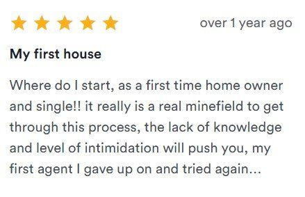 Five-star review titled “My first house” with positive text about a first-time home-buying experience
