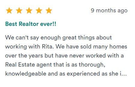 Five-star realtor review card with “Best Realtor ever!!” and a testimonial about working with Rita.