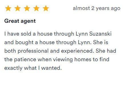 Five-star review praising agent Lynn Suzanski for professionalism and patience.