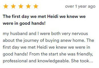 5-star customer review praising Heidi for friendly, professional home-buying help