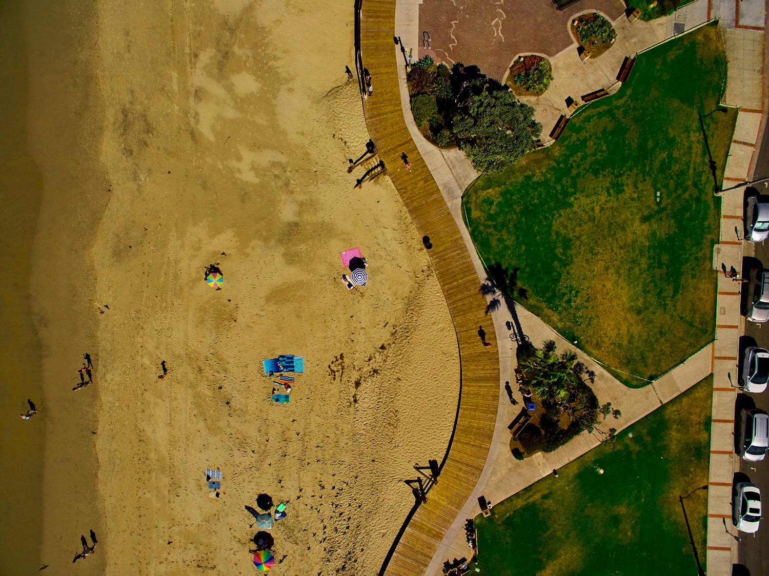 Aerial view of beachgoers on sandy shore beside green lawn and a curved walkway.