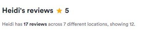 Heidi’s reviews with 5-star rating; text notes 17 reviews across 7 locations, showing 12.