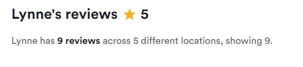 Lynne’s reviews: 5-star rating, with 9 reviews across 5 locations.