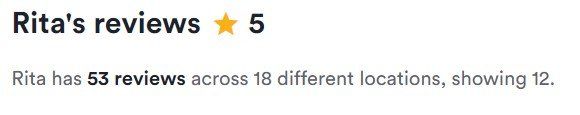 Rita’s reviews with 5-star rating; 53 reviews across 18 locations shown.