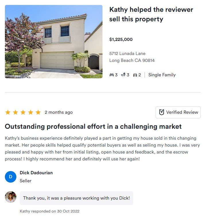 Real estate review card with home photo, sold property details, and five-star testimonial text