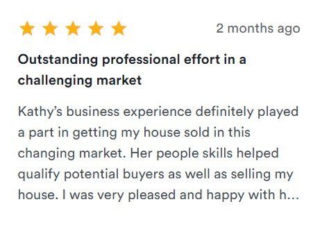 Five-star customer review praising Kathy’s help selling a house in a changing market