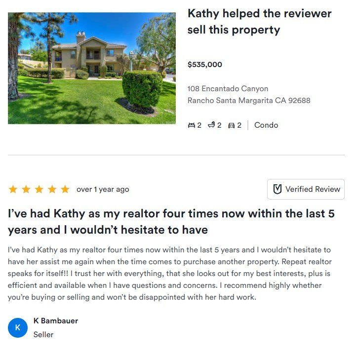 Real estate listing and review for a $535,000 condo with house photo and 5-star testimonial after many sales