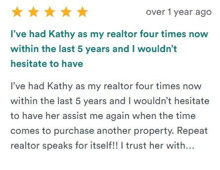 5-star realtor review praising Kathy, with text saying the reviewer used her four times in 5 years.