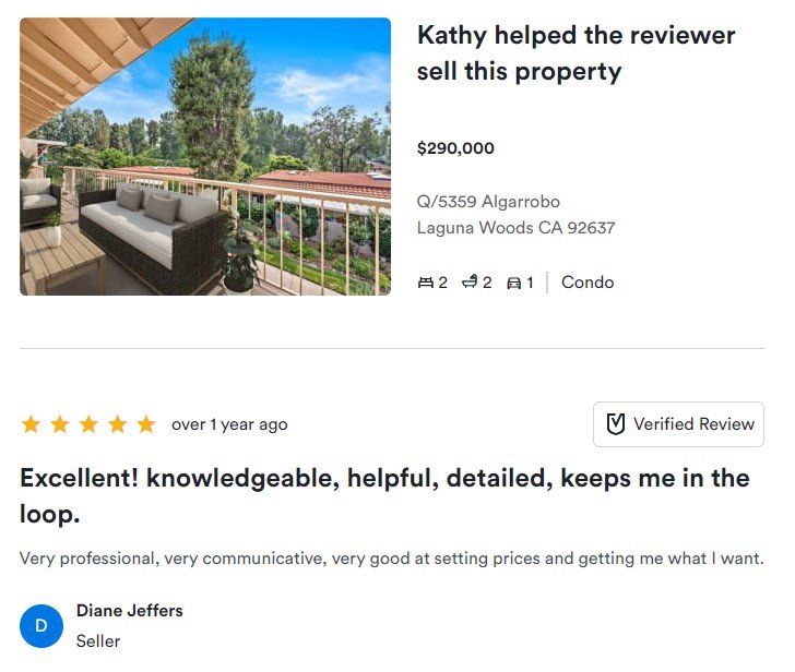 Real estate listing with patio view and 5-star review praising Kathy’s knowledgeable, helpful service