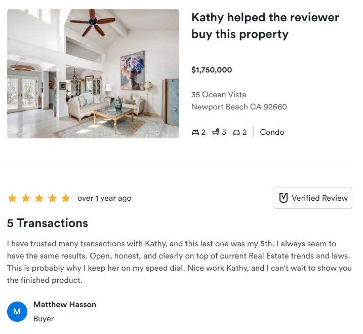 Real estate review card with a bright living room photo, property price, location, and a 5-star testimonial.