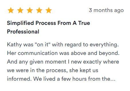 Five-star review snippet praising Kathy’s communication and professionalism, with text on a white card.