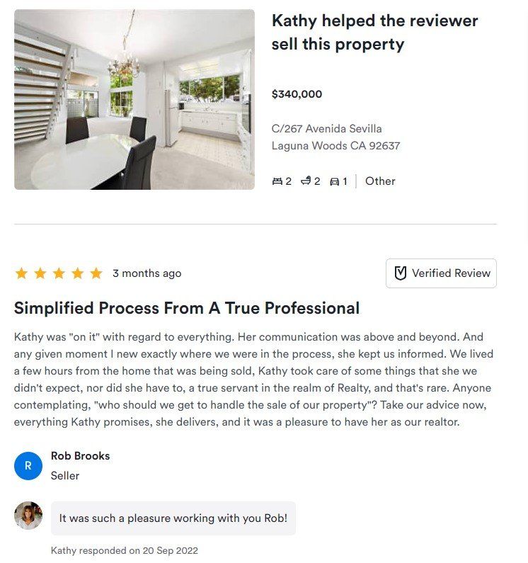 Real estate review page showing a home photo, sold price, and a 5-star testimonial.