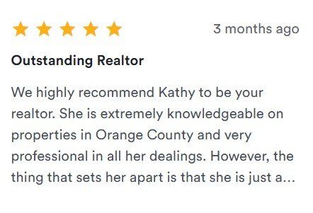 Star-rated review titled “Outstanding Realtor” with text praising Kathy’s professionalism and knowledge in Orange County.