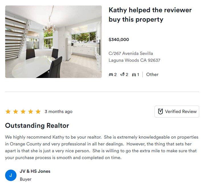 Real estate review card showing a bright white room and a five-star buyer testimonial