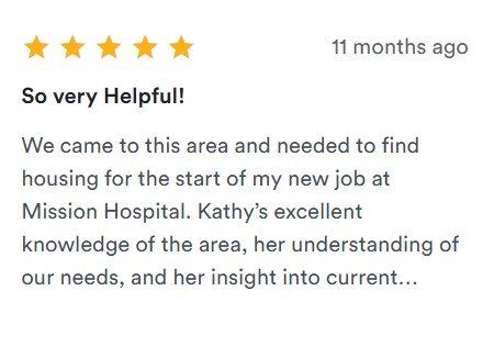 Five-star review praising Kathy’s helpfulness, with text about finding housing near Mission Hospital.