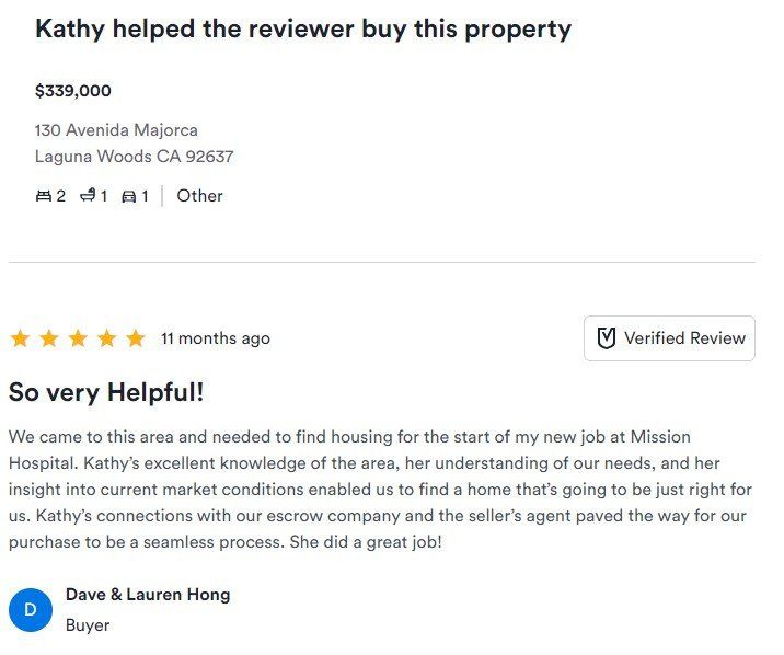 Real estate review card with 5-star rating and text praising Kathy's helpful service and local knowledge