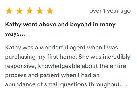 Five-star customer review praising Kathy’s responsive help buying a first home