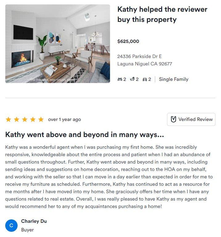 Real estate review card with a living room photo and review praising Kathy's above-and-beyond help