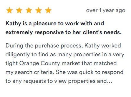 Five-star customer review praising Kathy’s responsive service in a home purchase process