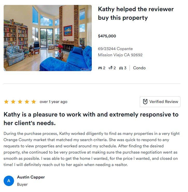 Real estate review card with condo photo, 5-star rating, and text praising Kathy's help buying the property
