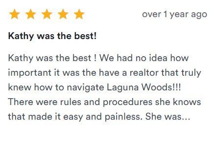Five-star review titled “Kathy was the best!” with praise text about navigating Laguna Woods.