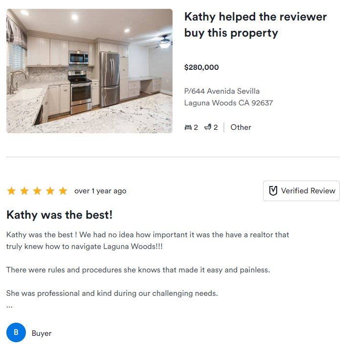 Real estate review screenshot with kitchen photo and text praising Kathy’s help buying a house