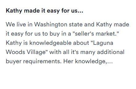 Testimonial text praising Kathy for helping buy a seller’s market home in Washington state.