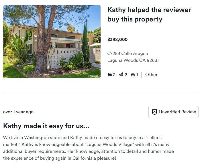 Real estate review page showing a house listing and a positive customer testimonial about Kathy