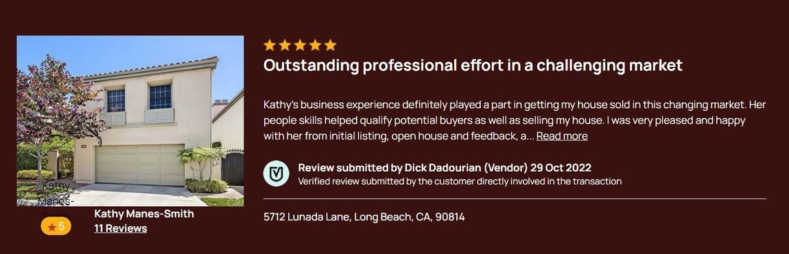 Real estate testimonial card with house photo, five stars, and white text on a maroon background