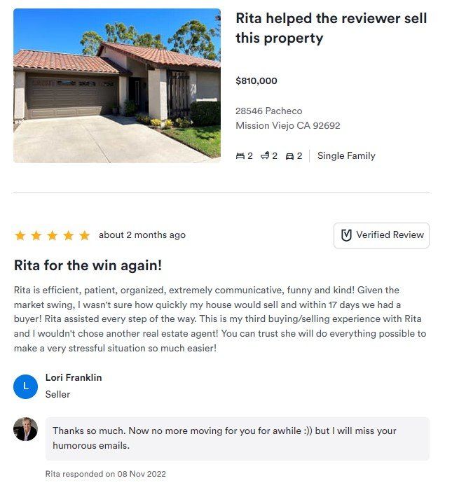 Real estate review page with house photo, “Rita helped the reviewer sell this property” and 5-star testimonial