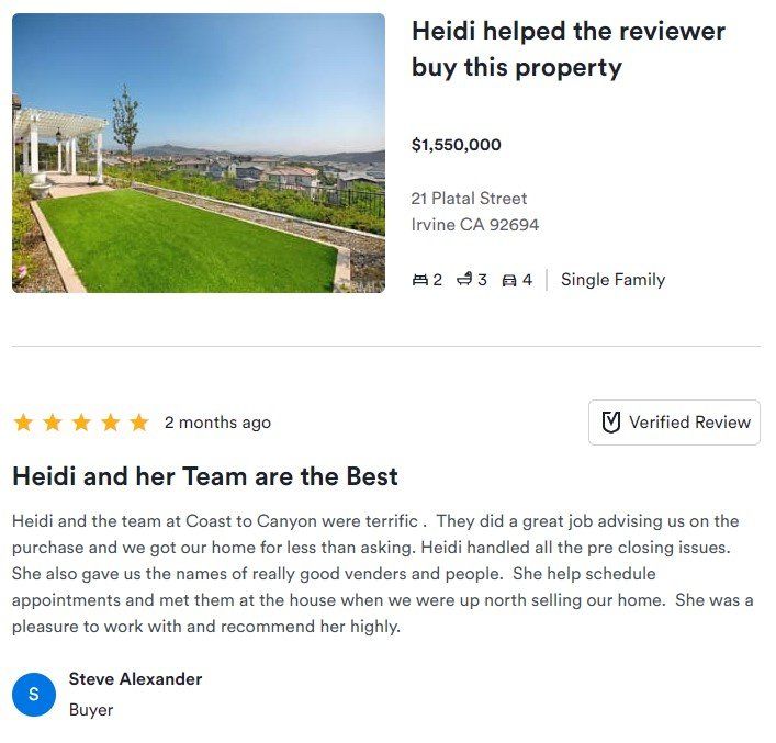 Real estate review card with house photo, “Heidi helped the reviewer buy this property,” and 5-star buyer review.