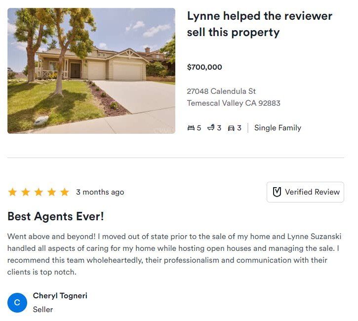 Real estate review card showing a sold home listing with 5-star review and house photo