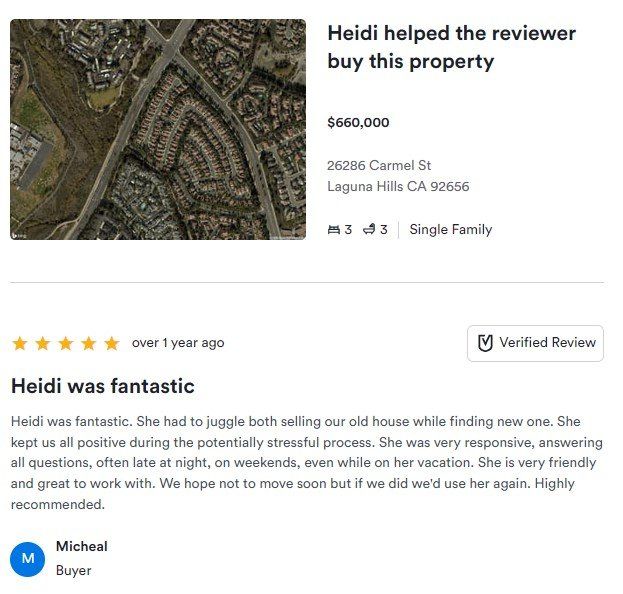 Real estate review screenshot with aerial home photo and a five-star testimonial about Heidi