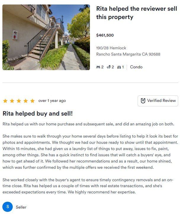 Real estate testimonial screenshot with house photo, star rating, and review praising Rita’s help selling the property
