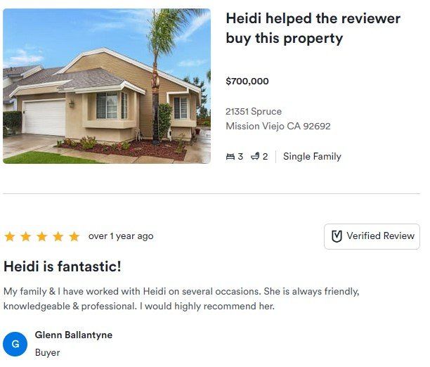 Real estate listing and 5-star review praising Heidi, with a house photo and buyer testimonial