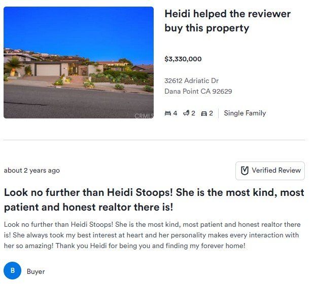 Real estate review card showing a house photo and a 5-star buyer review praising Heidi’s patience and honesty