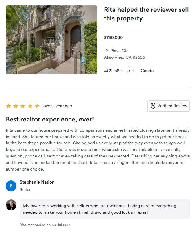 Rental review page showing a home exterior and a 5-star guest testimonial.