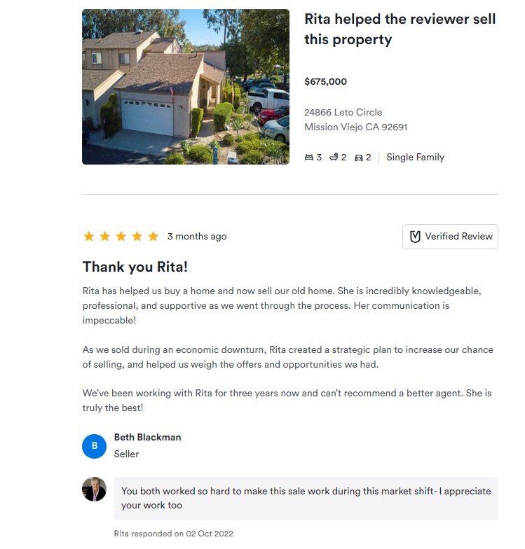 Real estate review page showing a home photo, sale price, and customer testimonial.