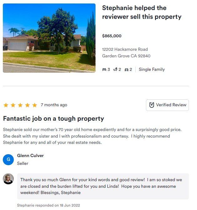 Real estate review page with house photo, 5-star review, and sold property details