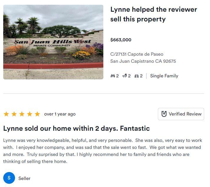 Real estate testimonial card with sold home photo and headline, “Lynne sold our home in 2 days. Fantastic.”