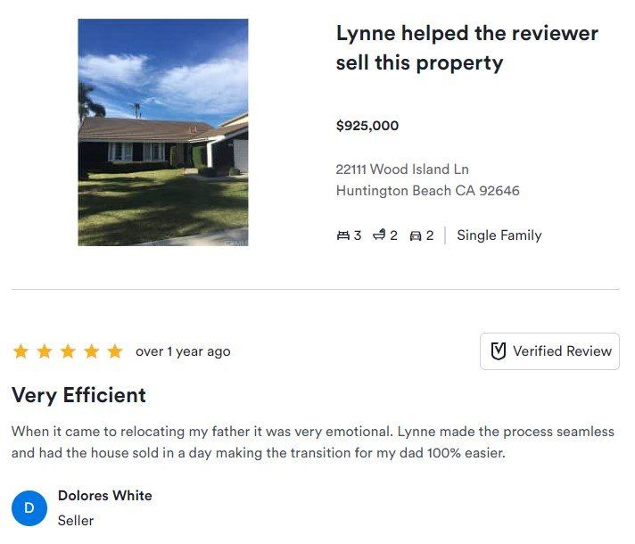 House listing card with a home photo, $925,000 price, and a five-star customer review.