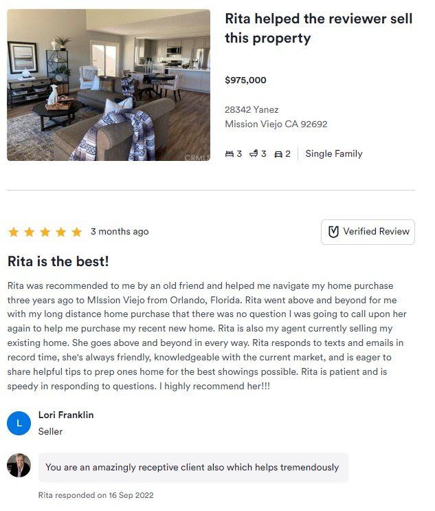 Real estate review page praising a property sale, with bedroom photo and 5-star testimonial text.