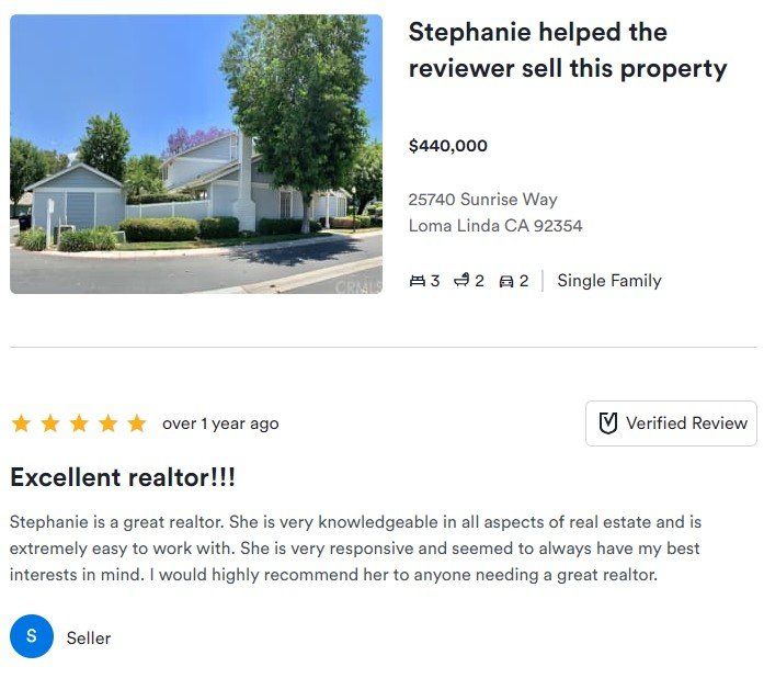 Real estate testimonial screenshot showing a home listing and a 5-star review for Stephanie as realtor