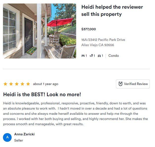 Real estate review card with property photo, 5-star rating, and testimonial praising Heidi’s help selling a home