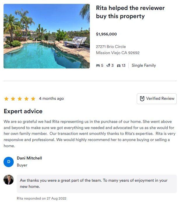 Home listing review card with pool photo, “Rita helped the reviewer buy this property,” and an “Expert advice” review.