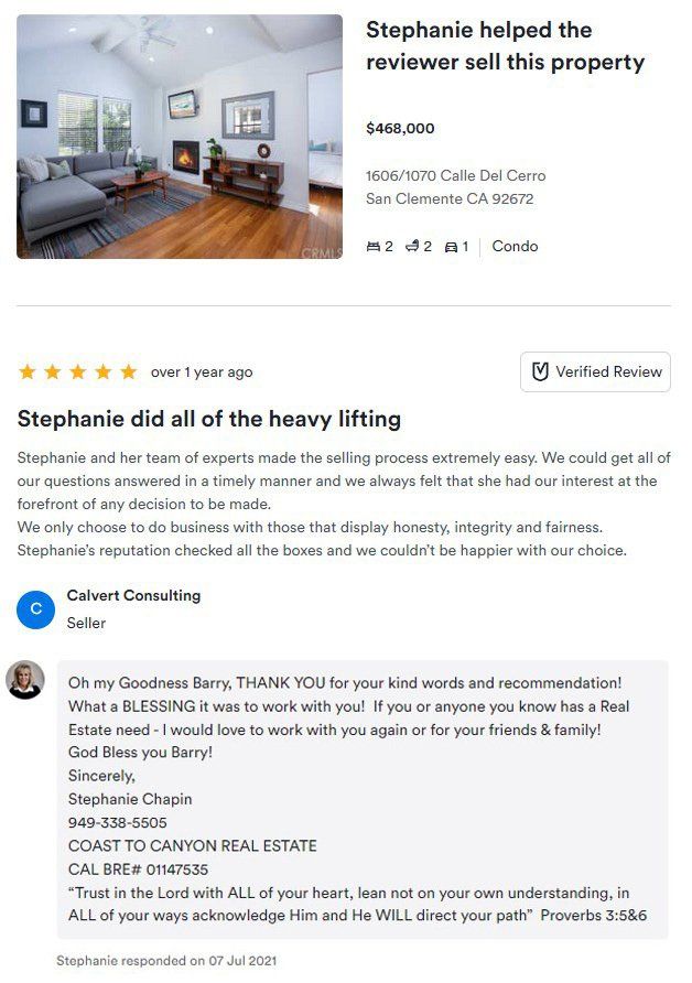 Review page for Stephanie's property showing a living room photo and glowing customer testimonials.