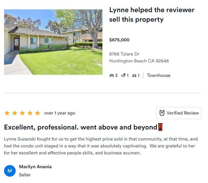 Real estate review card showing a home listing with five-star review text and a suburban house photo