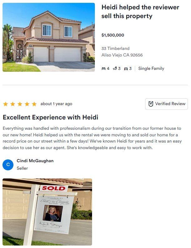Review graphic for Heidi: suburban house, 5-star review, and a SOLD sign in the inset image.